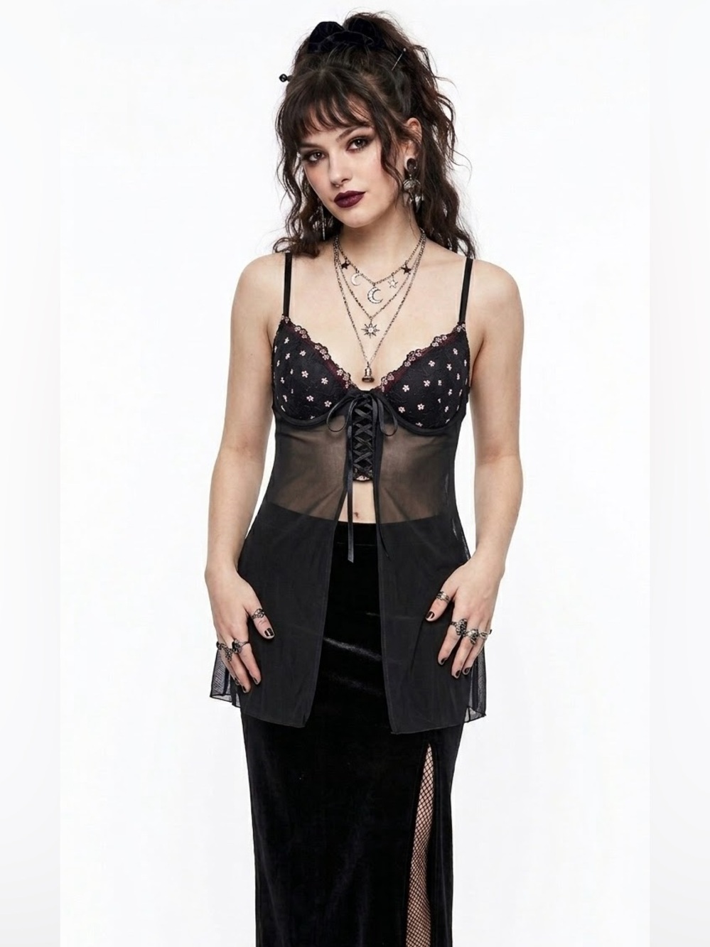 La Senza Whimsigoth Coquette Scallop Lace Up Babydoll Push Up Sheer Y2K Baddie